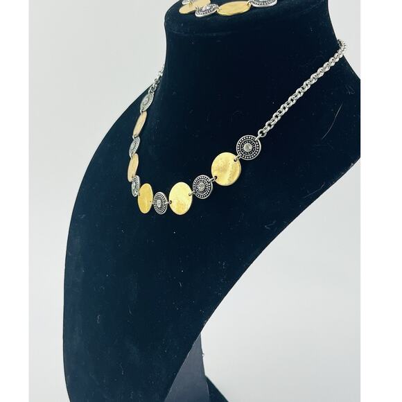 2 Tone Coin Disc Necklace Bracelet Rhinestone Boho Matte Brass Gold Silver disk - Picture 4 of 15